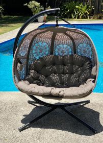 66 H x 50 W x 43 D Outdoor Beige Hanging Pumpkin Patio Loveseat Chair with Cushion, C Type Bracket, and Dreamcatcher Design