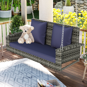 GO 2-Person Wicker Hanging Porch Swing with Chains, Cushion, Pillow, Rattan Swing Bench for Garden, Backyard, Pond. (Gray Wicker, Blue Cushion)