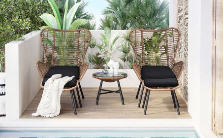 TOPMAX Outdoor Patio 5-Piece Rattan Conversation Set, PE Wicker Arm Chairs with Stools and Tempered Glass Tea Table for Balcony, Natural Rattan+Dark G