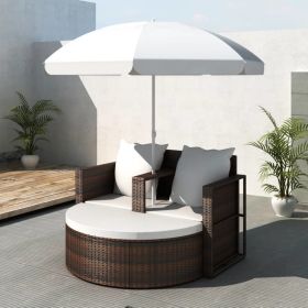 Patio Bed with Parasol Brown Poly Rattan