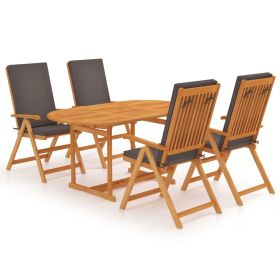 5 Piece Patio Dining Set with Gray Cushions Solid Teak Wood