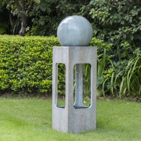 13x13x44" Tall Contemporary Sphere Outdoor Water Fountain, Cement/Concrete Outdoor Fountain, Antique Blue Raindrop Water Feature with Light For Garden