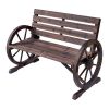 2-Person Seat Bench with Backrest Wooden Wagon Wheel Bench, Rustic Outdoor Patio Furniture-AS