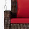 GO 2-Person Wicker Hanging Porch Swing with Chains, Cushion, Pillow, Rattan Swing Bench for Garden, Backyard, Pond. (Brown Wicker, Red Cushion)