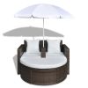 Patio Bed with Parasol Brown Poly Rattan