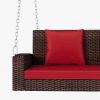 GO 2-Person Wicker Hanging Porch Swing with Chains, Cushion, Pillow, Rattan Swing Bench for Garden, Backyard, Pond. (Brown Wicker, Red Cushion)