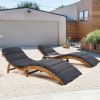 TOPMAX Outdoor Patio Wood Portable Extended Chaise Lounge Set with Foldable Tea Table for Balcony, Poolside, Garden, Brown Finish+Dark Gray Cushion