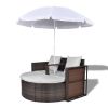 Patio Bed with Parasol Brown Poly Rattan