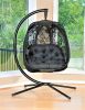 66 H x 34 W x 43 D Outdoor Black Hanging Patio Chair with Cushion, C Type Bracket, and Butterfly Design